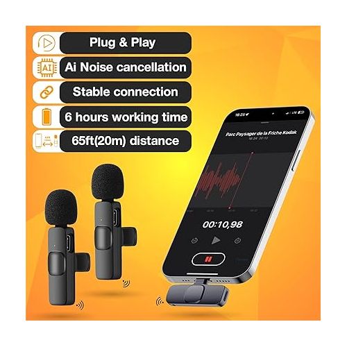  PowerDeWise Wireless Lavalier Microphone for iPhone iPad - Noise Cancelling Wireless Microphones Plug & Play - Mini Mic Lapel Microphone Clip On Wireless Mic for iPhone Pack of 2