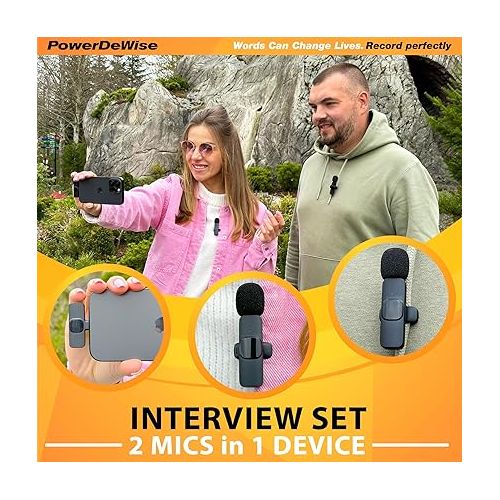  PowerDeWise Wireless Lavalier Microphone for iPhone iPad - Noise Cancelling Wireless Microphones Plug & Play - Mini Mic Lapel Microphone Clip On Wireless Mic for iPhone Pack of 2