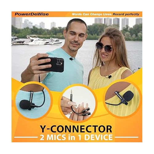  PowerDeWise Professional Grade 2 Lavalier Clip-On Microphones Set for Dual Interview - Double Lav Lapel Microphone - Use for iPhone Phone Camera - Video Recording Noise Cancelling 3.5mm Mic