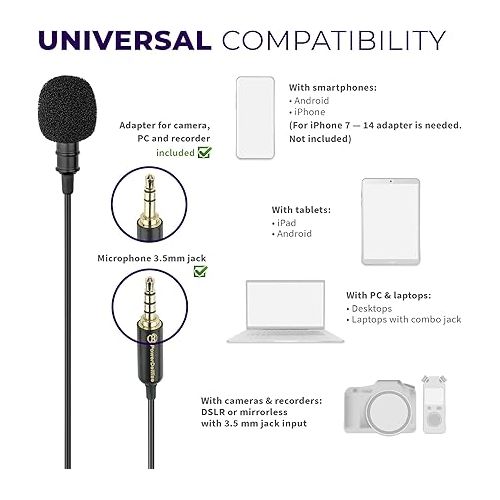  PowerDeWise CharisMic - Lavalier Clip On Microphone with Magnetic Mount and Badges for Camera or Phone - Small Lapel Mic use for Video Recording 3.5mm Noise Cancelling…