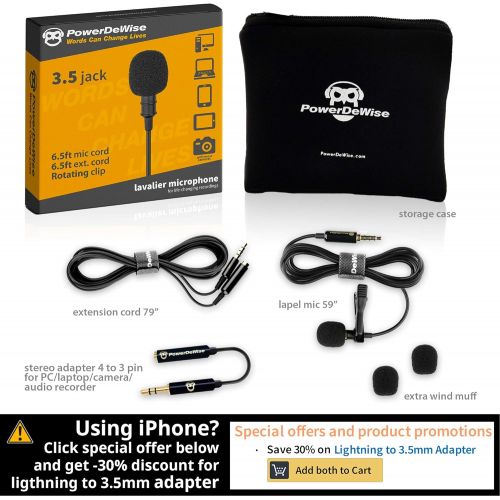  [아마존베스트]PowerDeWise Professional Grade Lavalier Lapel Microphone ­ Omnidirectional Mic with Easy Clip On System ­ Perfect for Recording Youtube / Interview / Video Conference / Podcast / Voice Dictati