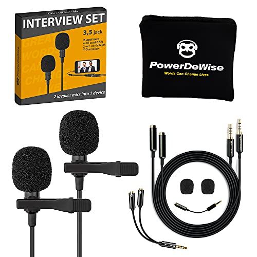  PowerDeWise Professional Grade 2 Lavalier Lapel Microphones Set for Dual Interview - Double Lav Microphone - Perfect as Blogging Vlogging Interview Microphone for iPhone