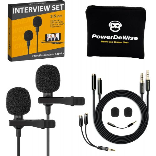  PowerDeWise Professional Grade 2 Lavalier Lapel Microphones Set for Dual Interview - Double Lav Microphone - Perfect as Blogging Vlogging Interview Microphone for iPhone