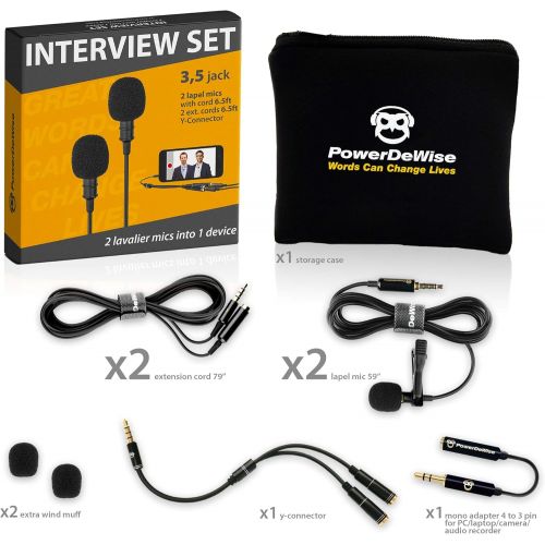  PowerDeWise Professional Grade 2 Lavalier Lapel Microphones Set for Dual Interview - Double Lav Microphone - Perfect as Blogging Vlogging Interview Microphone for iPhone