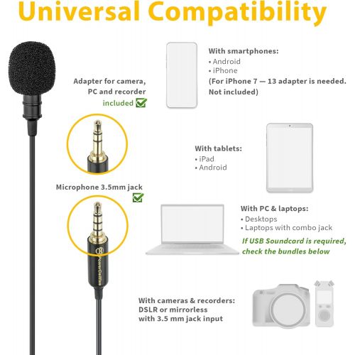  PowerDeWise Upgraded 2022 Professional Grade 3.5mm Lavalier Lapel Microphone - Perfect for Blogging Vlogging ASMR Recording Video with iPhone Phone or Camera - Tiny Shirt Microphone with Easy