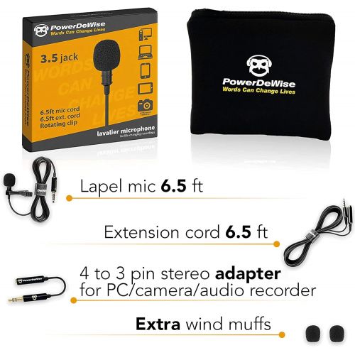  PowerDeWise Upgraded 2022 Professional Grade 3.5mm Lavalier Lapel Microphone - Perfect for Blogging Vlogging ASMR Recording Video with iPhone Phone or Camera - Tiny Shirt Microphone with Easy