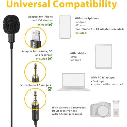  PowerDeWise Professional Grade Lavalier Microphone with Adapter Compatible with iPhone - Lapel Microphone for iPhone X 11 12 13 Pro - iPhone Compatible External Microphone - iPhone XR, XS, XS