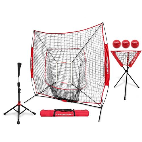  PowerNet DLX Pro Bundle (Baseball Softball Net w Strike Zone, 3 Training Balls, Travel Tee & Ball Caddy)