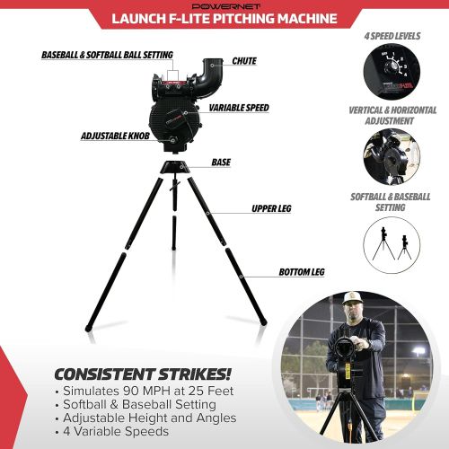  PowerNet Launch F-lite Baseball and Softball Pitching Machine Variable Speed Throws Up to a Simulated 90 MPH Pitches Consistent Strikes Adjustable Height and Angles