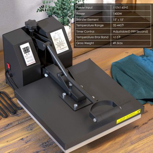  PowerPress Industrial-Quality Digital Sublimation Heat Press Machine for T Shirt, 15x15 Inch, Black