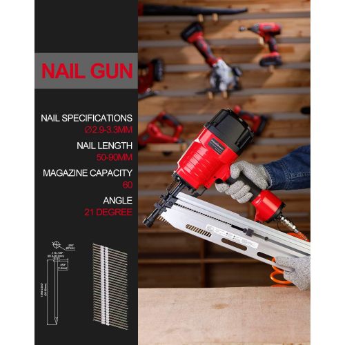  POWERSMART Framing Nailer, 2 to 3-1/2 Full Round Head Nail Gun, 21° Framing Nailer, 60 Nails Capacity Magazine Framing Nail Gun, Safety Goggles, Storage Case Included, PS6120