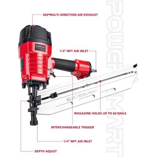  POWERSMART Framing Nailer, 2 to 3-1/2 Full Round Head Nail Gun, 21° Framing Nailer, 60 Nails Capacity Magazine Framing Nail Gun, Safety Goggles, Storage Case Included, PS6120