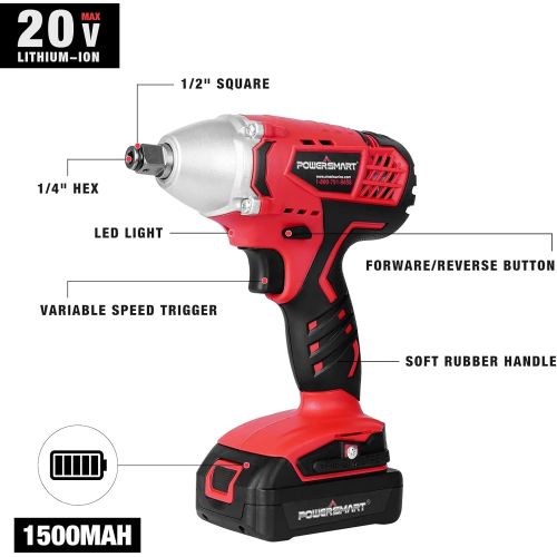  [아마존베스트]PowerSmart Impact Wrench, 20V Cordless Impact Wrench, 1/2 Impact Driver, Max Torque 220N.m, 0-1800RPM Variable Speed Battery Impact Drill Driver, Li-ion Battery and Fast Charger In