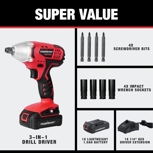  [아마존베스트]PowerSmart Impact Wrench, 20V Cordless Impact Wrench, 1/2 Impact Driver, Max Torque 220N.m, 0-1800RPM Variable Speed Battery Impact Drill Driver, Li-ion Battery and Fast Charger In