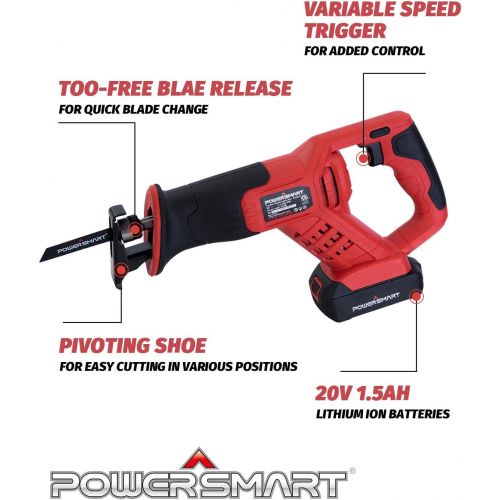  [아마존베스트]PowerSmart Cordless Reciprocating Saw,1.5Ah Li-ion Reciprocating Saw with Fast Charger, Tool-free Blade Change and Variable Speed,Woodworking Saw Mini Saw PS76415A