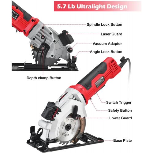  PowerSmart Mini Circular Saw, 4 Amp 4-1/2 Inch Compact Circular Saw, 3500RPM, Electric Circular Saws with Laser Cutting Guide, Ideal for Wood, Tile and Plastic Cuts