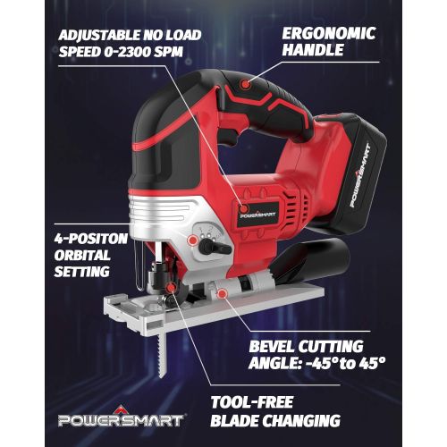  PowerSmart Jig Saw Cordless 20V Max with LED Light, Lightweight Top-Handle Saber saw, Adjustable 4-Position Orbital, Cut Wood and Metal Easily, 3 Blades, 2.0Ah Lithium-Ion Battery