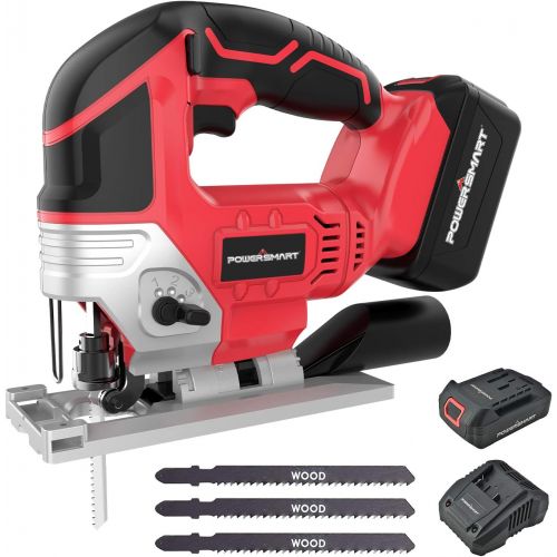  PowerSmart Jig Saw Cordless 20V Max with LED Light, Lightweight Top-Handle Saber saw, Adjustable 4-Position Orbital, Cut Wood and Metal Easily, 3 Blades, 2.0Ah Lithium-Ion Battery