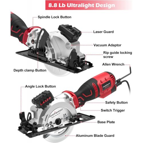  PowerSmart Mini Circular Saw, 5.8 Amp 4-1/2 Inch Compact Circular Saw with Laser Guide, 6 Blades, 3500 RPM, Max Cutting Depth 1-11/16(90°), 1-1/8(45°), Ideal for Woods, Tile, Soft