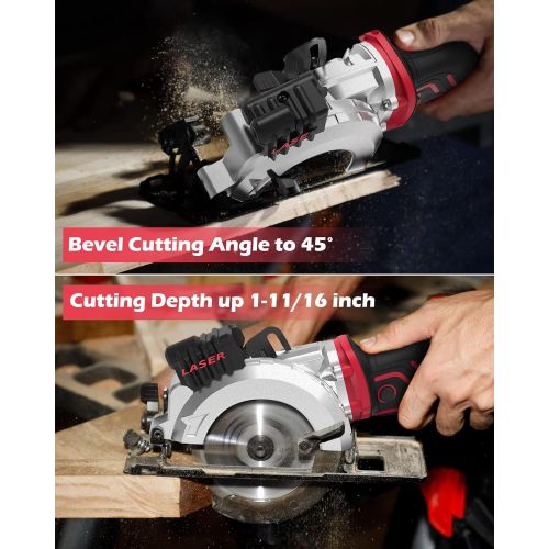  PowerSmart Mini Circular Saw, 5.8 Amp 4-1/2 Inch Compact Circular Saw with Laser Guide, 6 Blades, 3500 RPM, Max Cutting Depth 1-11/16(90°), 1-1/8(45°), Ideal for Woods, Tile, Soft