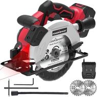 PowerSmart 20V 6-1/2 Inch Cordless Circular Saw with 4.0Ah Battery and Fast Charger, 4300 RPM, Laser & Parallel Guide, 2 Blades