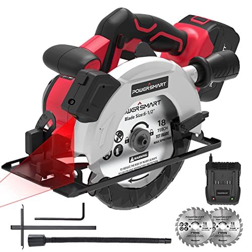  PowerSmart 20V 6-1/2 Inch Cordless Circular Saw with 4.0Ah Battery and Fast Charger, 4300 RPM, Laser & Parallel Guide, 2 Blades