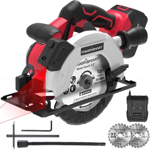  PowerSmart 20V 6-1/2 Inch Cordless Circular Saw with 4.0Ah Battery and Fast Charger, 4300 RPM, Laser & Parallel Guide, 2 Blades