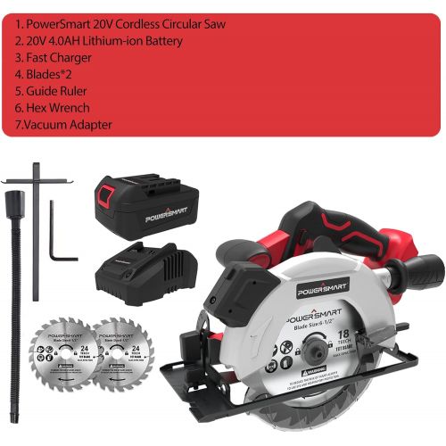  PowerSmart 20V 6-1/2 Inch Cordless Circular Saw with 4.0Ah Battery and Fast Charger, 4300 RPM, Laser & Parallel Guide, 2 Blades