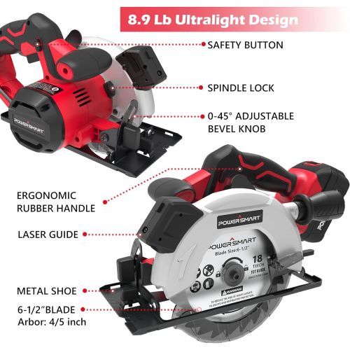  PowerSmart 20V 6-1/2 Inch Cordless Circular Saw with 4.0Ah Battery and Fast Charger, 4300 RPM, Laser & Parallel Guide, 2 Blades