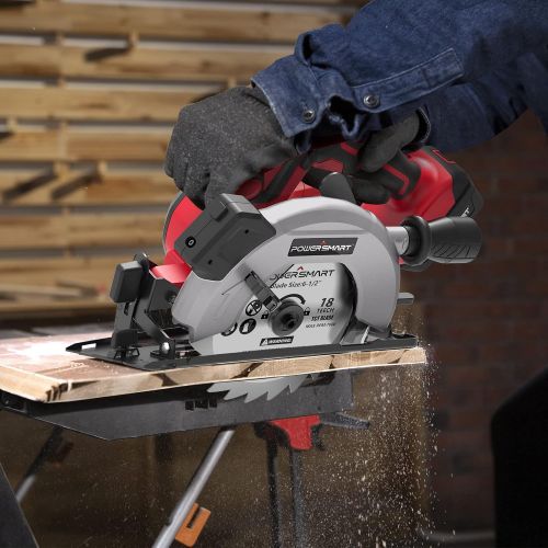  PowerSmart 20V 6-1/2 Inch Cordless Circular Saw with 4.0Ah Battery and Fast Charger, 4300 RPM, Laser & Parallel Guide, 2 Blades