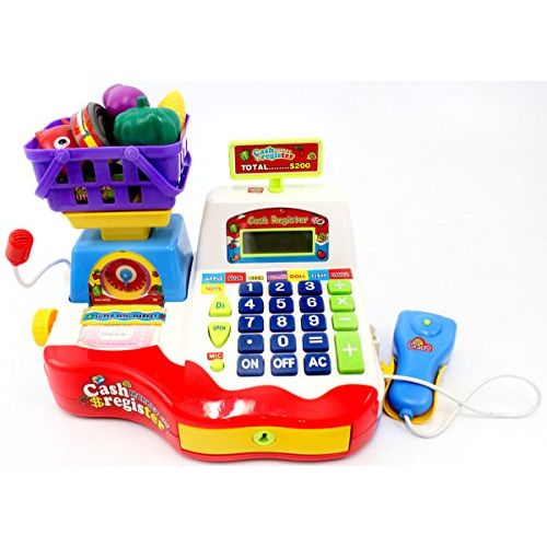  PowerTRC Supermarket Cash Register Toy | Checkout Scanner | Weight Scale | Microphone | Calculator | Play Money | Food Shopping | Kids