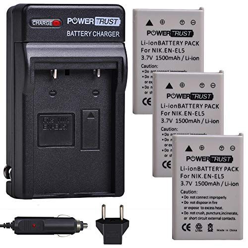  PowerTrust 3X EN-EL5 EL5 Battery and Fast Charger Kits for Nikon ENEL5 CoolPix 3700, 4200, 5200, 5900, 7900, P3, P4, P80, P90, P100, P500, P510, P520, P530, P5000, P5100, P6000, S1