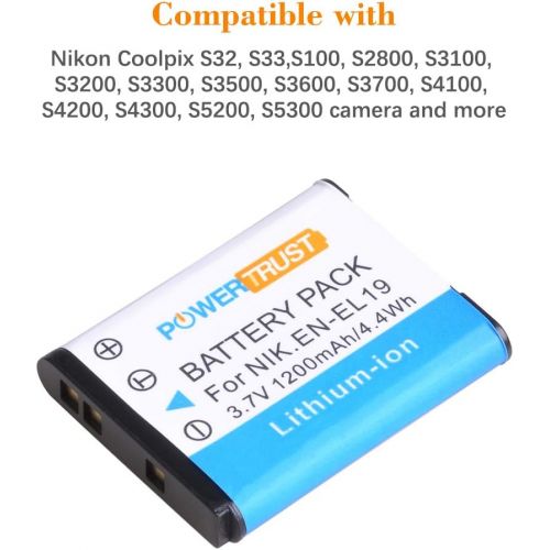  PowerTrust 2Pcs EN-EL19 EN EL19 Battery + LED USB Charger for Nikon Coolpix S32 S33 S100 S2500 S2750 S3100 S3200 S4200 S4400 S6400 S6500 S6600