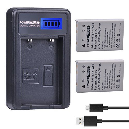  PowerTrust 2 Pack EN-EL5 Camera Battery and LCD USB Charger for Nikon Coolpix P530 P520 P510 P100 P500 P6000 P5100 P5000 P80 P90