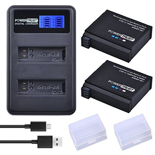  PowerTrust 2 Pack AHDBT-401 Battery and LCD Dual USB Charger for Gopro Hero 4 Batteries Go Pro Hero4 AHDBT 401 Action Camera Accessorie