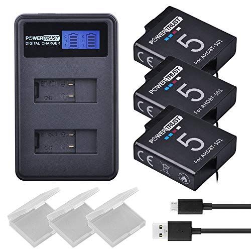  PowerTrust 3X AHDBT-501 Battery for GoPro HERO5 Black,Hero 6,HERO6 Black,Hero 5,HERO7 Black,Hero 2018 + LCD Dual USB Charger with USB Cable