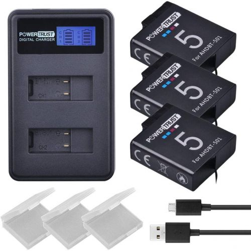  PowerTrust 3X AHDBT-501 Battery for GoPro HERO5 Black,Hero 6,HERO6 Black,Hero 5,HERO7 Black,Hero 2018 + LCD Dual USB Charger with USB Cable