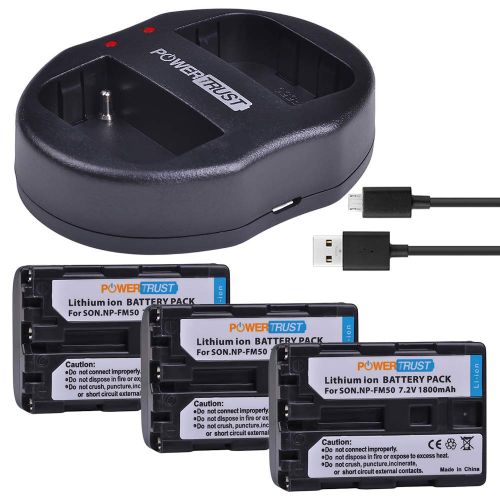  PowerTrust 3-Pack NP-FM50 NP FM50 Replacement Battery and Dual USB Charger for Sony NP-FM30 NP-FM51 NP-QM50 NP-QM51 NP-FM55H Battery and Sony M Type NP-FM50 Equivalent Camcorder Di