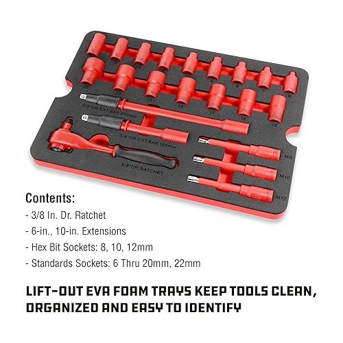  Powerbuilt 50 Pc.1000V Insulated Electricians VDE Tool Set with Waterproof Case, 3/8 in. Dr. Ratchet, 16 Pc. Socket Sizes 10-24mm, 10 Pc. Screwdriver, 6 Pc. Pliers - 240259