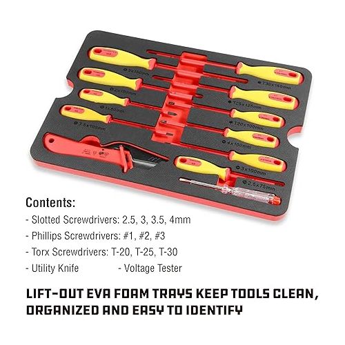  Powerbuilt 50 Pc.1000V Insulated Electricians VDE Tool Set with Waterproof Case, 3/8 in. Dr. Ratchet, 16 Pc. Socket Sizes 10-24mm, 10 Pc. Screwdriver, 6 Pc. Pliers - 240259