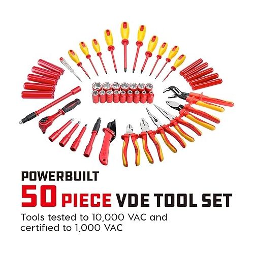  Powerbuilt 50 Pc.1000V Insulated Electricians VDE Tool Set with Waterproof Case, 3/8 in. Dr. Ratchet, 16 Pc. Socket Sizes 10-24mm, 10 Pc. Screwdriver, 6 Pc. Pliers - 240259