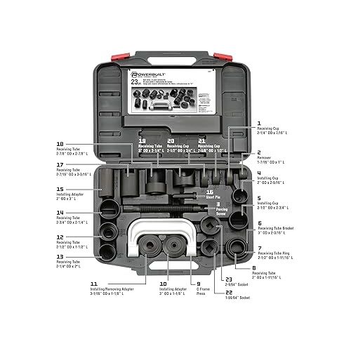  Powerbuilt Ball and U Joint Service Set, 23 Piece Tool Kit, Remove and Install Ball Joints, Receiving Tube, Adapters, Sockets - 648617