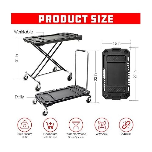  Powerbuilt Adjustable Work Table with Tool Holders and Convertible Dolly Function, Multi-Use, Home, Garage, Worksite - 642928ECE, Black