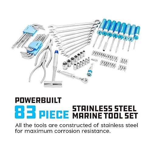  Powerbuilt 83 Pc. 420J2 Stainless Steel Marine Boat Repair Tool Set, Drivers, Pliers, Wrenches, Mallet, Bit Driver/Bits, Sockets, Watertight Shock Resistant Case with Lift-Out Foam Tool Trays - 642411