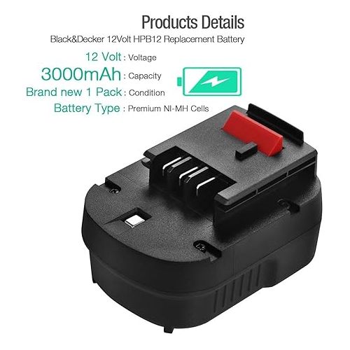  Powerextra Upgraded 12V 3700mAh NI-MH Replacement Battery Compatible with Black & Decker A1712 FS120B FSB12 HPB12 A12 A12-XJ A12EX FS120B FSB12