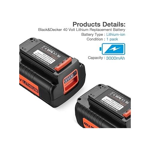  Powerextra 3.0Ah 40-Volt MAX Replacement Battery Compatible with Black&Decker LBX2040 LBX36 LBXR36 LBXR2036 40V Lithium Ion Battery