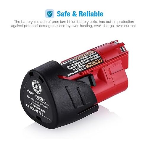  Powerextra 2 Pack 12V 3000mAh Lithium-ion Replacement Battery Compatible with Milwaukee M12 48-11-2411 48-11-2420 48-11-2401 48-11-2402 48-11-2401 12-Volt M12 Cordless Tools