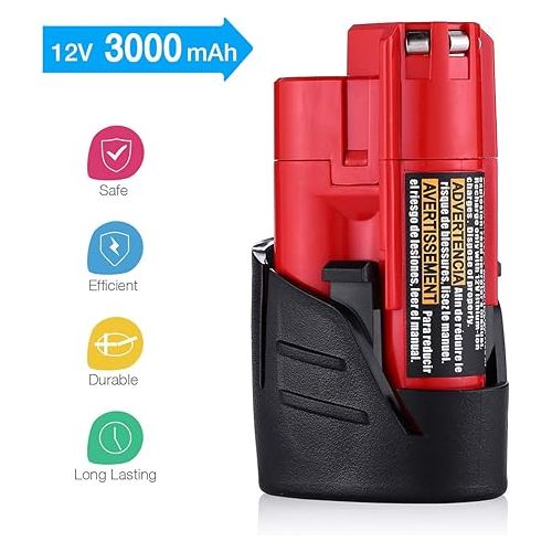  Powerextra 2 Pack 12V 3000mAh Lithium-ion Replacement Battery Compatible with Milwaukee M12 48-11-2411 48-11-2420 48-11-2401 48-11-2402 48-11-2401 12-Volt M12 Cordless Tools