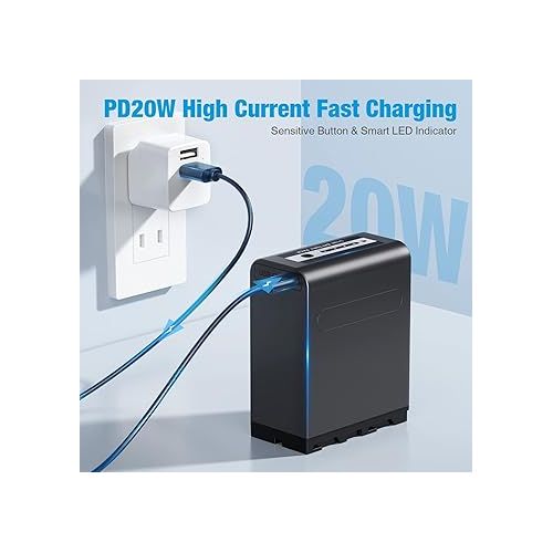  Powerextra NP-F970 PD 20W Fast Charging with Type-C Port 10000mAh Multifunctional Battery Pack Support for Sony NP-F970, NP-F975, NP-F960, NP-F950, NP-F930 Battery and Video Light