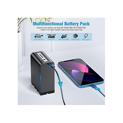  Powerextra NP-F970 PD 20W Fast Charging with Type-C Port 10000mAh Multifunctional Battery Pack Support for Sony NP-F970, NP-F975, NP-F960, NP-F950, NP-F930 Battery and Video Light